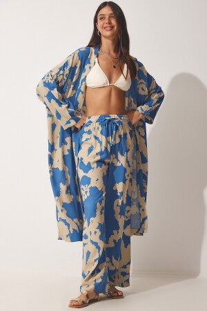 Kadın Mavi Bej Desenli Viskon Kimono Palazzo Pantolon Takım CI00086 - 1