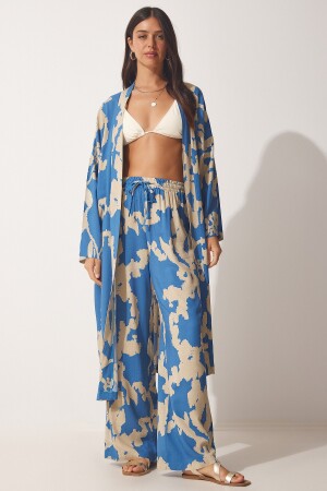 Kadın Mavi Bej Desenli Viskon Kimono Palazzo Pantolon Takım CI00086 - 2