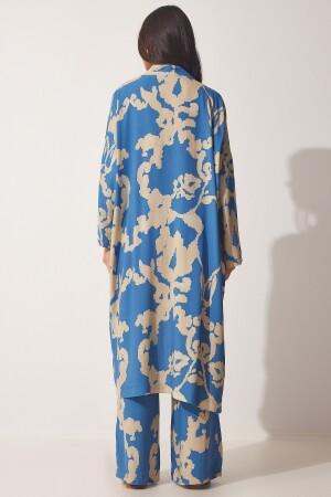 Kadın Mavi Bej Desenli Viskon Kimono Palazzo Pantolon Takım CI00086 - 5
