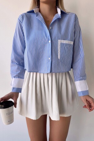 Kadın Mavi-beyaz Manşet Ve Cepleri Garnili Çizgili Oversize Crop Dokuma Gömlek - Bacc