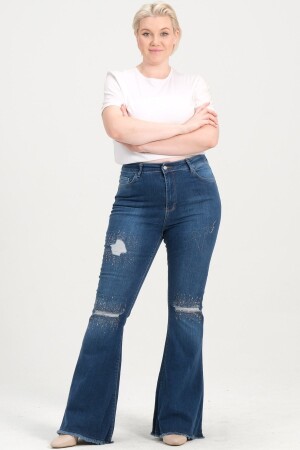 Kadın Mavi Büyük Beden Yüksek Bel Full Likralı Ispanyol Paça Lazer Taşlı Kot Pantolon - 1