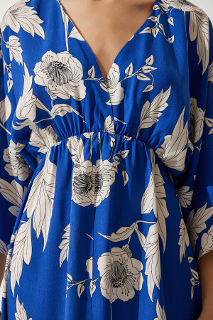 Kadın Mavi Krem Anvelop Yaka Desenli Yazlık Viskon Elbise DK00166 - 4
