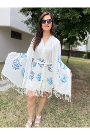 Kadın Mavi Mercan Desen Baskılı Beyaz Bambu Peştemal Pareo Kimono Ve Peştemal Havlu 2'li Set - 7