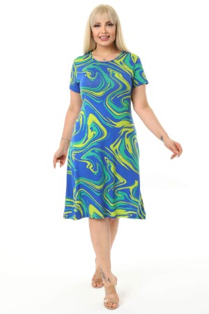Kadın Mavi Yeşil Dalga Desen Büyük Beden Midi Elbise - 1