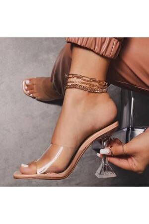 Kadın Nude Ten Bej 8cm Şeffaf Topuklu Küt Kare Burunlu Stiletto Ayakkabı Terlik Gloria - 1