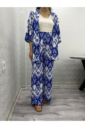 Kadın Onnumara Bürümcük Kumaş Mavi Desenli Ikili Kimono Takım - 1