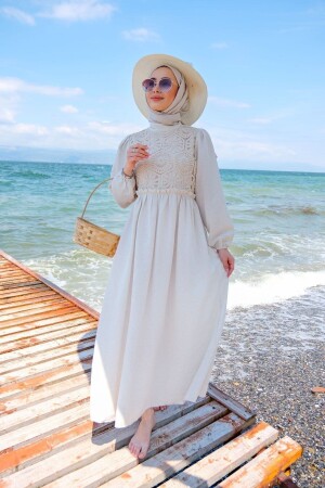 Kadın Önü Dantelli Astarlı Keten Tesettür Elbise Taş 101-6693 - LOCCO