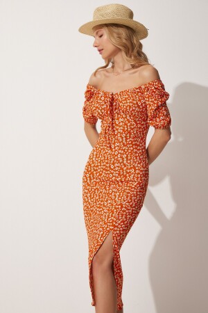 Kadın Oranj Carmen Yaka Yırtmaçlı Yazlık Örme Elbise FF00113 - 1