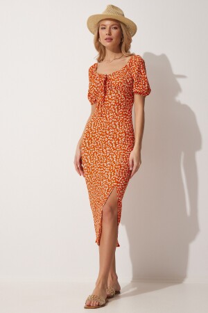 Kadın Oranj Carmen Yaka Yırtmaçlı Yazlık Örme Elbise FF00113 - 4