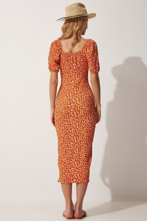 Kadın Oranj Carmen Yaka Yırtmaçlı Yazlık Örme Elbise FF00113 - 5
