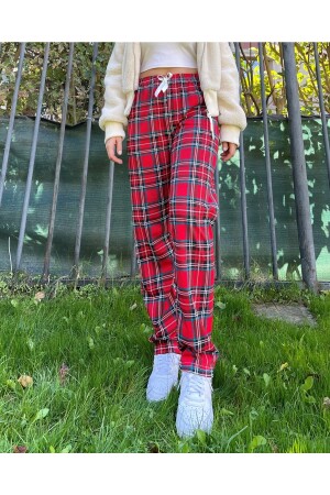 Kadın Pamuklu Ekose Desenli Pijama Altı Eşofman Kurdeleli Kırmızı Yeşil Kareli Kadın.RotasyonBaskı.Cepsiz.Alt - 2