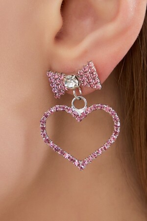 Kadın Pembe Papyon Kalp Model Kristal Zirkon Taşlı Günlük Küpe Modeli Abiye Elbise Sevgililer Günü FR405 Pink Bow Tie Heart Stone Earrings - 2