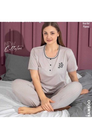 Kadın Pijama Takımı - Büyük Beden Pijama Takımı - Bambu Kumaş - Düğmeli Bisiklet Yaka - Kısa Kollu - 1