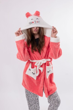 Kadın Pudra Nakışlı Kapüşonlu Wellsoft Peluş Sabahlık - Mariva Home