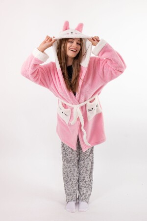 Kadın Pudra Nakışlı Kapüşonlu Wellsoft Peluş Sabahlık - Mariva Home