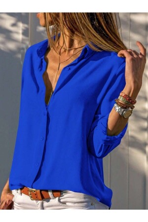 Kadın Saks Mavi Büyük Beden Basic Geniş Kalıp Dokuma Viskon Kumaş Gömlek Bluz - 1