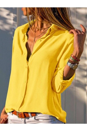 Kadın Sarı Büyük Beden Basic Geniş Kalıp Dokuma Viskon Kumaş Gömlek Bluz - 1