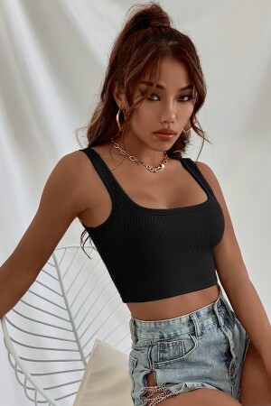 Kadın Siyah Askılı Crop Top Bluz - 6