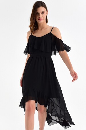 Kadın Siyah Ayarlanabilir Askılı Yaka ve Etek ucu Volanlı Asimetrik Şifon Elbise 20L6815 - 1