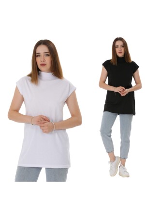 Kadın Siyah Beyaz 2'li Dik Yaka Kolsuz Örme Pamuklu Tunik - Espina