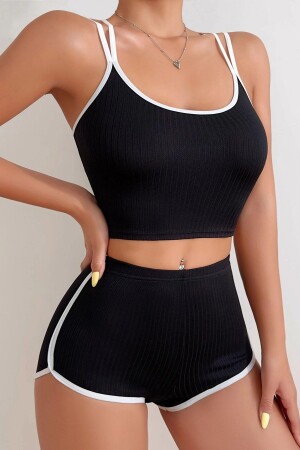 Kadın Siyah Beyaz Çapraz Lastik Detaylı Kaşkorse Şortlu Gecelik Takımı - Imoda