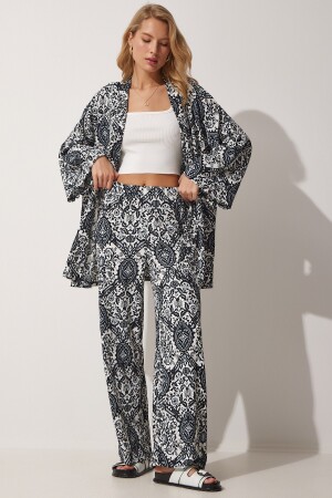 Kadın Siyah Beyaz Desenli Yazlık Kimono Pantolon Örme Takım BV00057 - 2