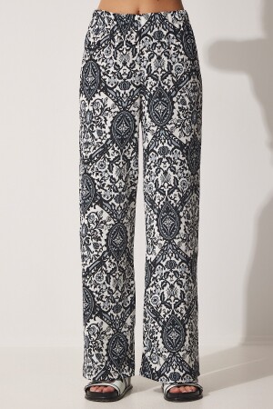 Kadın Siyah Beyaz Desenli Yazlık Kimono Pantolon Örme Takım BV00057 - 5