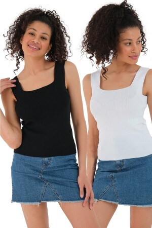 Kadın Siyah-beyaz Kare Yaka Kalın Askılı 2'li Paket Yazlık Triko Bluz - 1