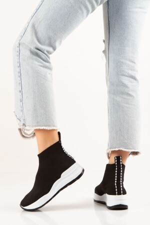 Kadın Siyah-beyaz Triko Sneaker Çorap Bot Ayakkabı - 1