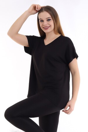 Kadın Siyah Büyük Beden V Yaka Oversize Basic T-shirt - 3