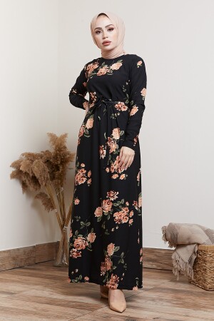 Kadın Siyah Çiçek Desenli Tesettür Elbise ZARA3000 - 1