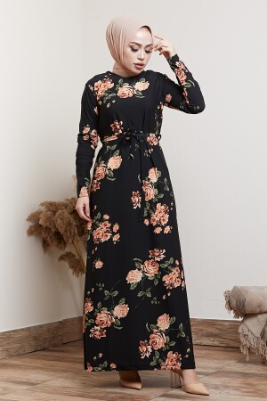 Kadın Siyah Çiçek Desenli Tesettür Elbise ZARA3000 - 2