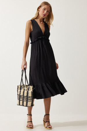 Kadın Siyah Derin V Yaka Kalın Askılı Örme Elbise MC00268 - 1