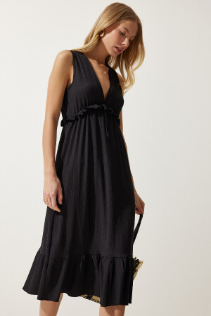 Kadın Siyah Derin V Yaka Kalın Askılı Örme Elbise MC00268 - 4