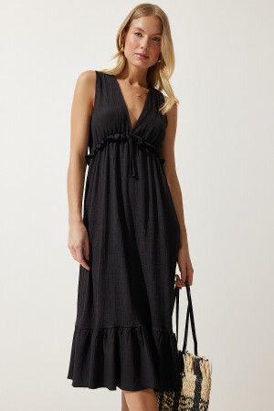 Kadın Siyah Derin V Yaka Kalın Askılı Örme Elbise MC00268 - 5