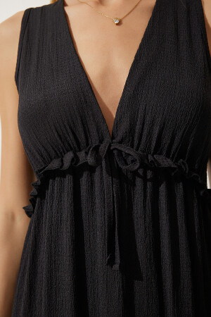 Kadın Siyah Derin V Yaka Kalın Askılı Örme Elbise MC00268 - 7