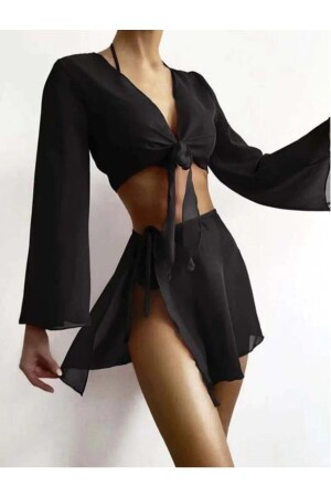Kadın Siyah Göğüs Bel Bağlamalı Tül Bluz Etek Görünümlü Alt Üst Deniz Plaj Elbisesi Pareo Takımı - 1