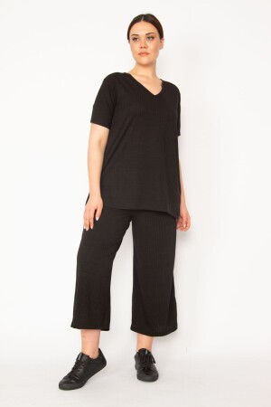 Kadın Siyah Kaşkorse Örme Beli Lastikli Geniş Paçali Pantolon V Yakali Bluz Takim 65N32939 - 1