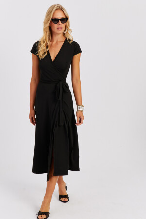Kadın Siyah Kruvaze Midi Elbise EY2785 - 4