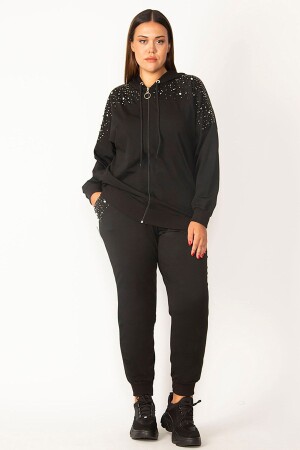 Kadın Siyah Ön Fermuarlı Taş Detaylı Kapşonlu Sweatshirt Pantolon Takım 26a28091 - 1