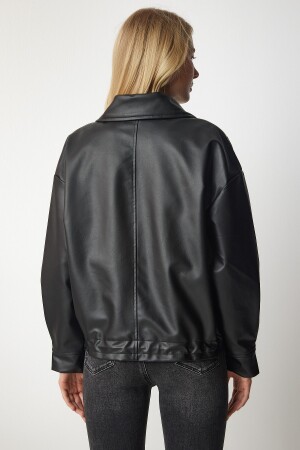 Kadın Siyah Oversize Suni Deri Ceket RV00136 40 - 5
