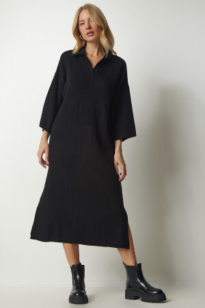 Kadın Siyah Polo Yaka Oversize Triko Elbise YY00178 - 1