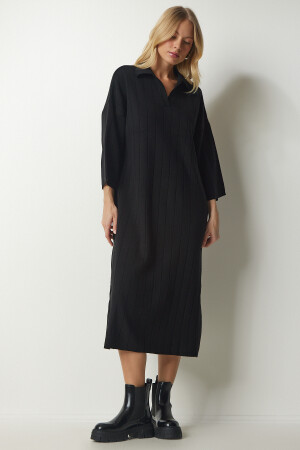 Kadın Siyah Polo Yaka Oversize Triko Elbise YY00178 - 2