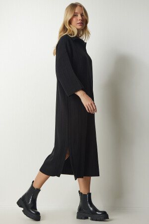 Kadın Siyah Polo Yaka Oversize Triko Elbise YY00178 - 3