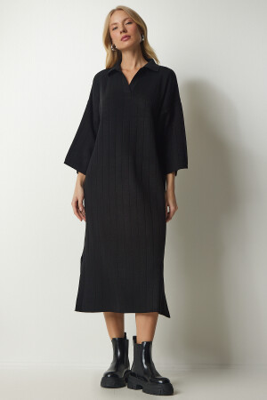 Kadın Siyah Polo Yaka Oversize Triko Elbise YY00178 - 4