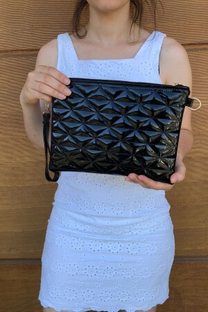 Kadın Siyah Rugan Üçgen Desenli Portföy Clutch El Çantası - 4