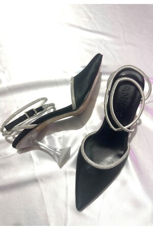 Kadın Siyah Saten 8 Cm Şeffaf Topuklu Bilekten Dolamalı Taşlı Sivri Burunlu Abiye Ayakkabı - 2