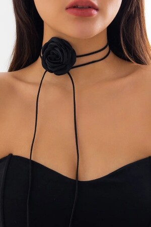 Kadın Siyah Saten Gül Choker Kolye - 2