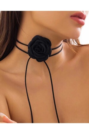 Kadın Siyah Saten Gül Choker Kolye - 2