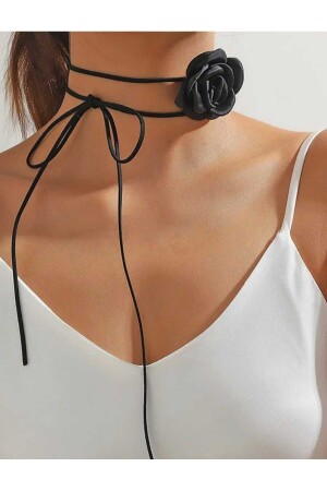 Kadın Siyah Saten Gül Choker Kolye - 4